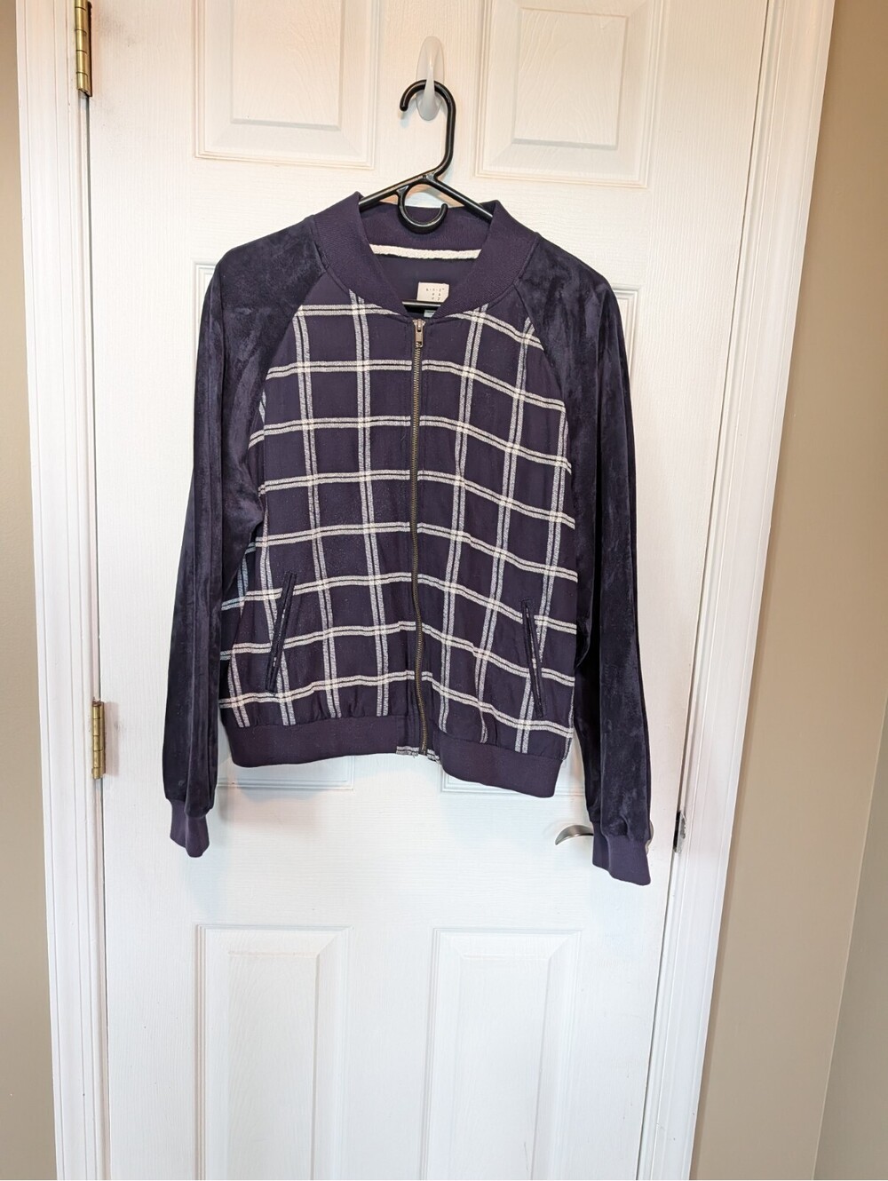 A New Day Jacket Adult X-Large Blue & White Plaid Velvet Sleeves Zip Womens